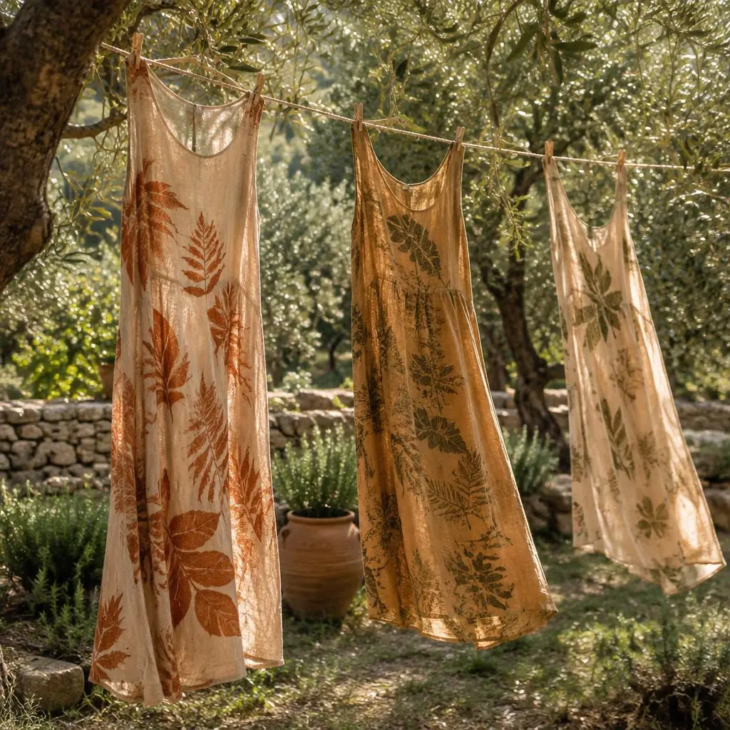 Vestidos de linho com estampagem botânica a secar no olival